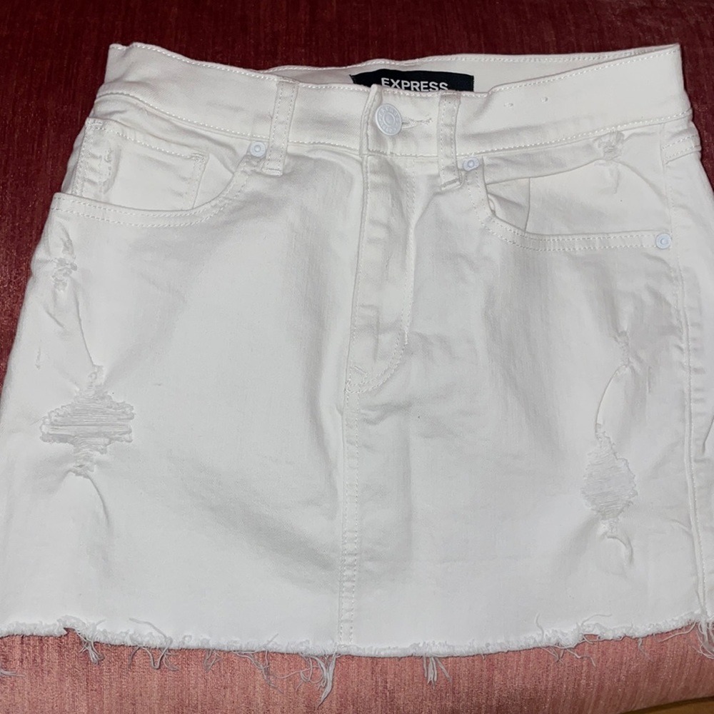 White denim, mini skirt, distressed express